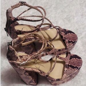 Jessica Sympson Platform Sandals Pink/Brown Snake Pattern Sz 5 1/2 M/36